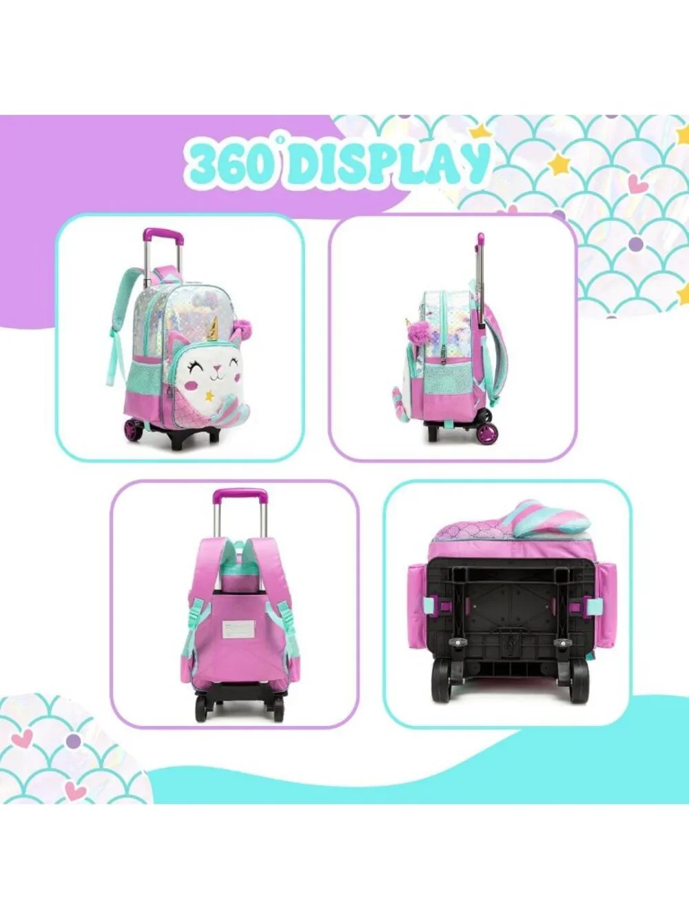 Cute Girls' Rolling Backpack for Kids - Black Travel Luggage for School & Play